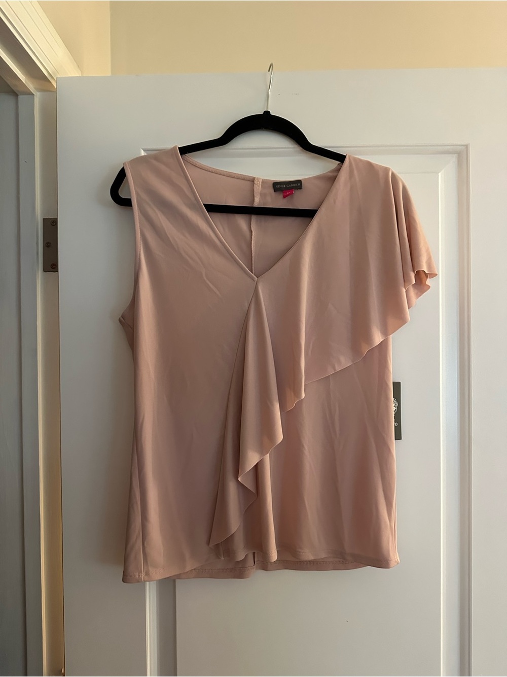 Vince Camuto Blush Pink Asymmetrical Ruffle V-Neck Top.